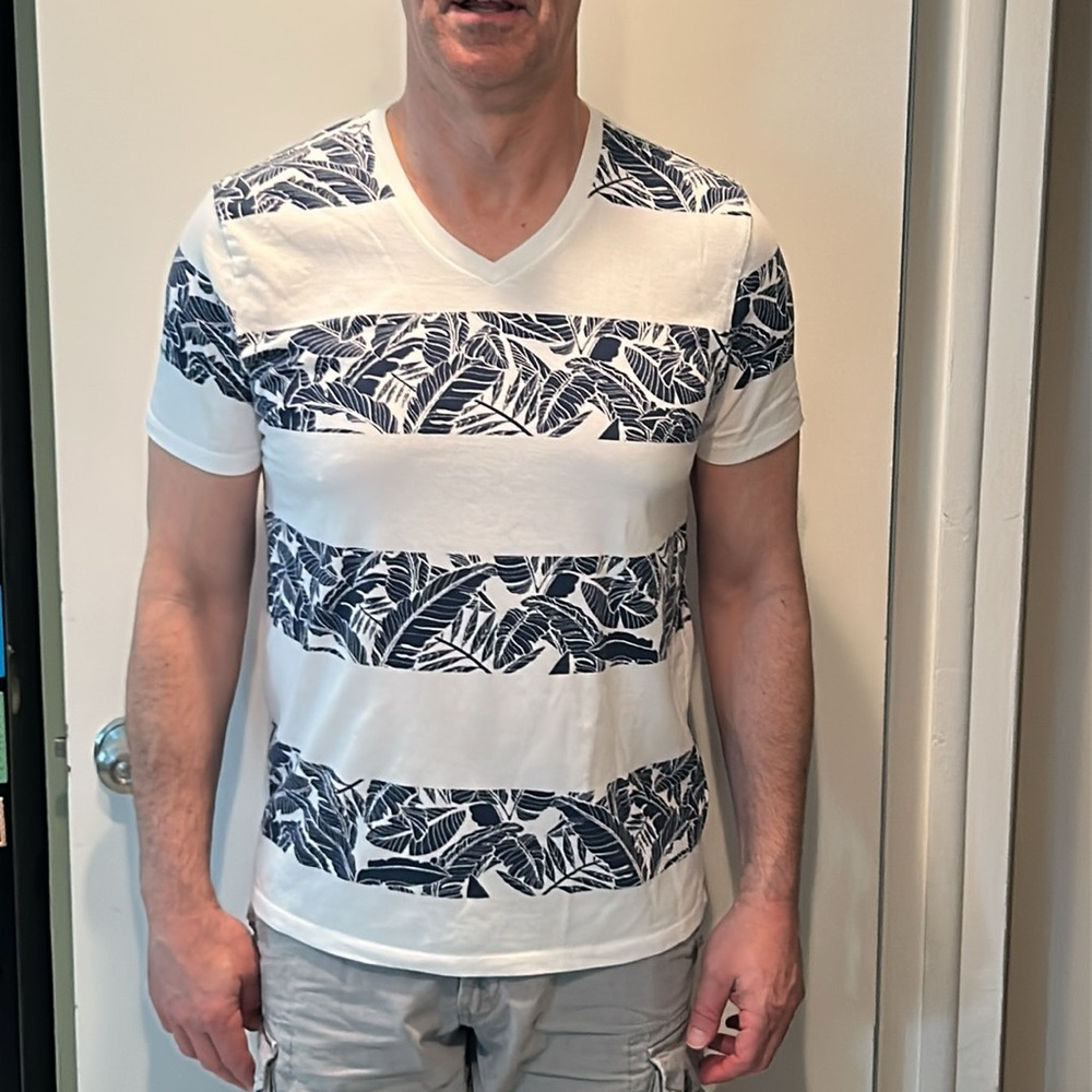 Old Navy, Men’s white v-neck tee w/ Hawaiian Leaf Print stripes - size L